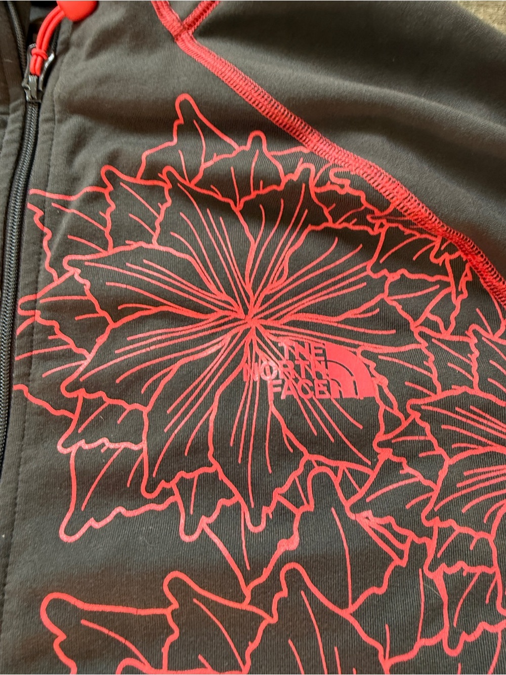 The North Face Black Zip-Up Jacket with Pink Floral Stitching - Picture 2 of 8